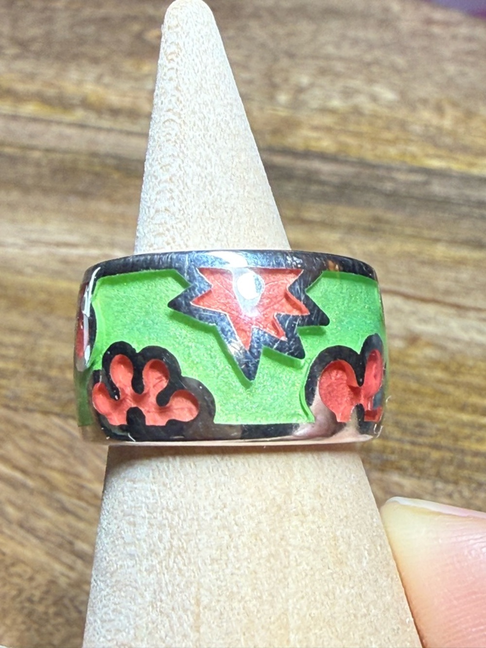Alan K Green and Red Floral Inlay Wide Band Ring